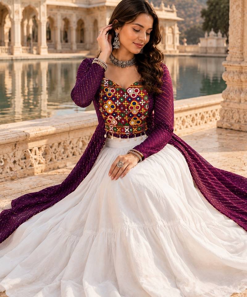 Wine  Readymade Frill Lehenga With Kutch Work Kurti For Navratri Kediya - full stitched free size