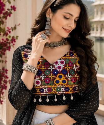 Black Color Readymade Frill Lehenga With Kutch Work Kurti For Navratri Kediya 4