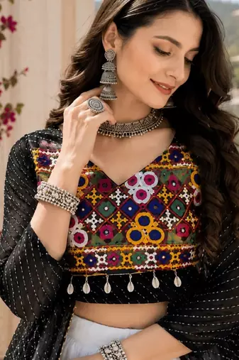 Black Color Readymade Frill Lehenga With Kutch Work Kurti For Navratri Kediya