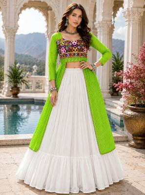 Parrot  Readymade Frill Lehenga With Kutch Work Kurti For Navratri Kediya - full stitched free size 1