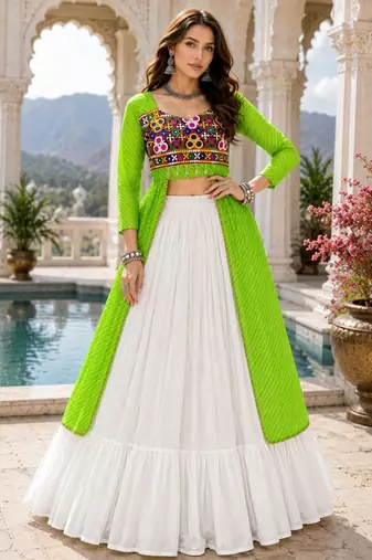 Parrot  Readymade Frill Lehenga With Kutch Work Kurti For Navratri Kediya - full stitched free size