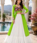 Parrot  Readymade Frill Lehenga With Kutch Work Kurti For Navratri Kediya - full stitched free size