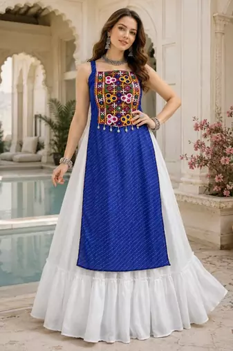 Royalblue  Readymade Frill Lehenga With Kutch Work Kurti For Navratri Kediya - full stitched free size