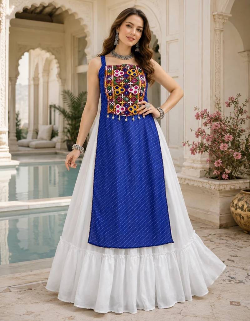 Royalblue  Readymade Frill Lehenga With Kutch Work Kurti For Navratri Kediya - full stitched free size