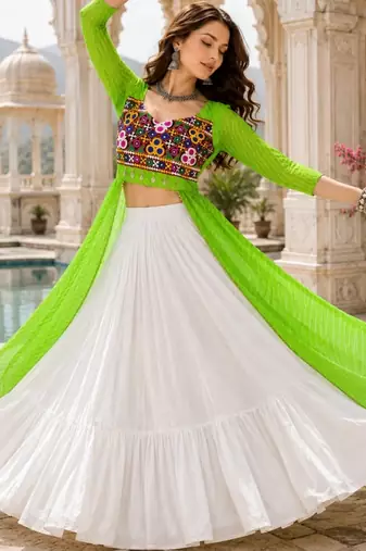 Parrot  Readymade Frill Lehenga With Kutch Work Kurti For Navratri Kediya - full stitched free size