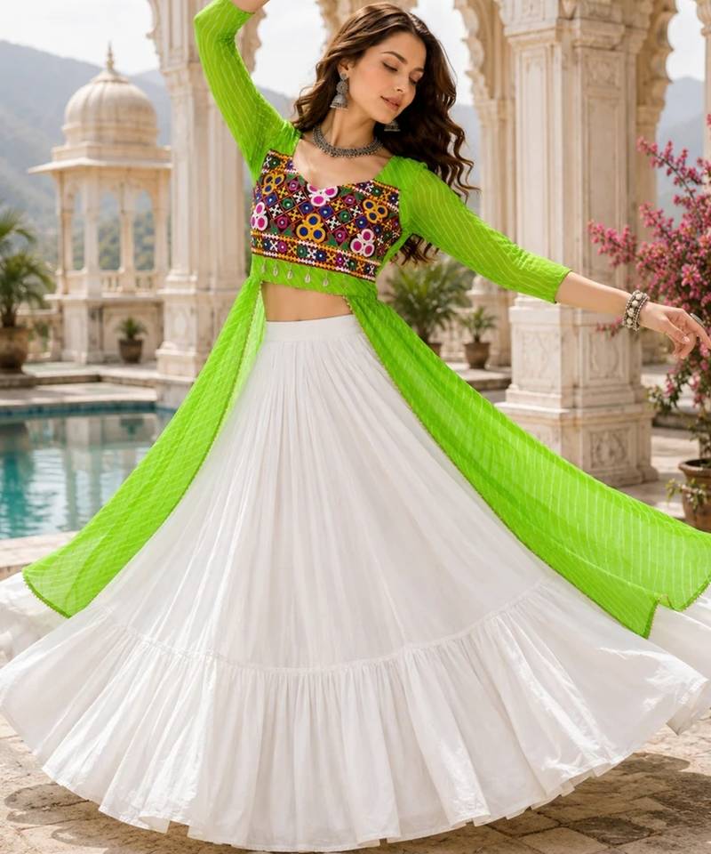 Parrot  Readymade Frill Lehenga With Kutch Work Kurti For Navratri Kediya - full stitched free size