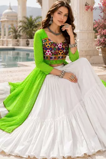 Parrot  Readymade Frill Lehenga With Kutch Work Kurti For Navratri Kediya - full stitched free size