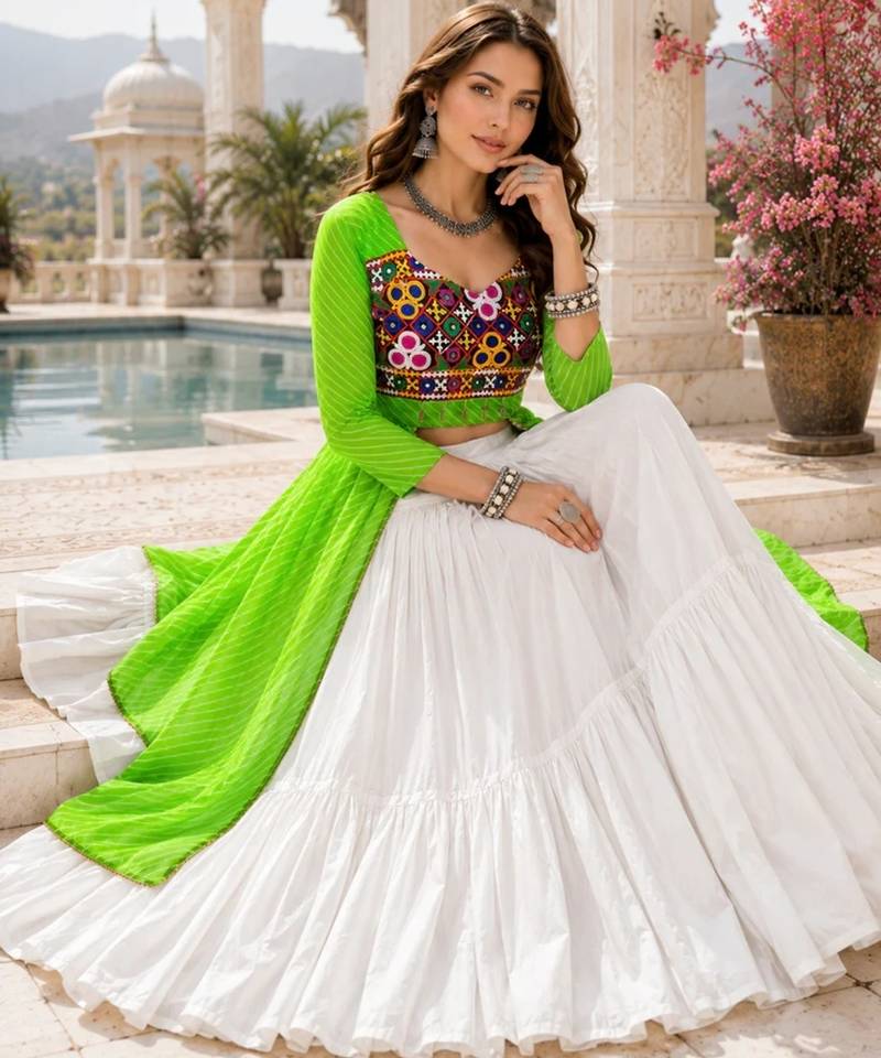 Parrot  Readymade Frill Lehenga With Kutch Work Kurti For Navratri Kediya - full stitched free size