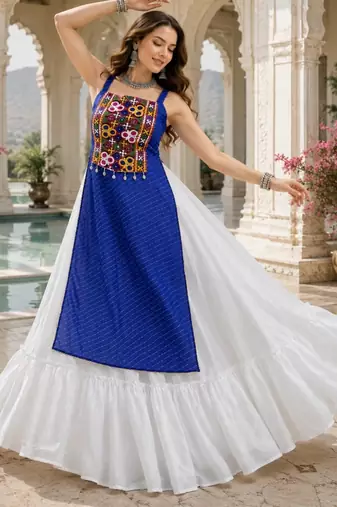 Royalblue  Readymade Frill Lehenga With Kutch Work Kurti For Navratri Kediya - full stitched free size