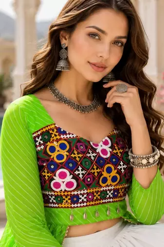 Parrot  Readymade Frill Lehenga With Kutch Work Kurti For Navratri Kediya - full stitched free size