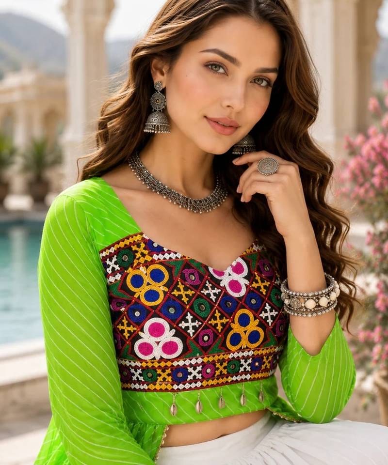 Parrot  Readymade Frill Lehenga With Kutch Work Kurti For Navratri Kediya - full stitched free size
