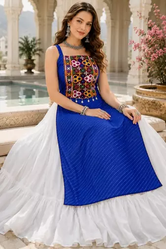 Royalblue  Readymade Frill Lehenga With Kutch Work Kurti For Navratri Kediya - full stitched free size