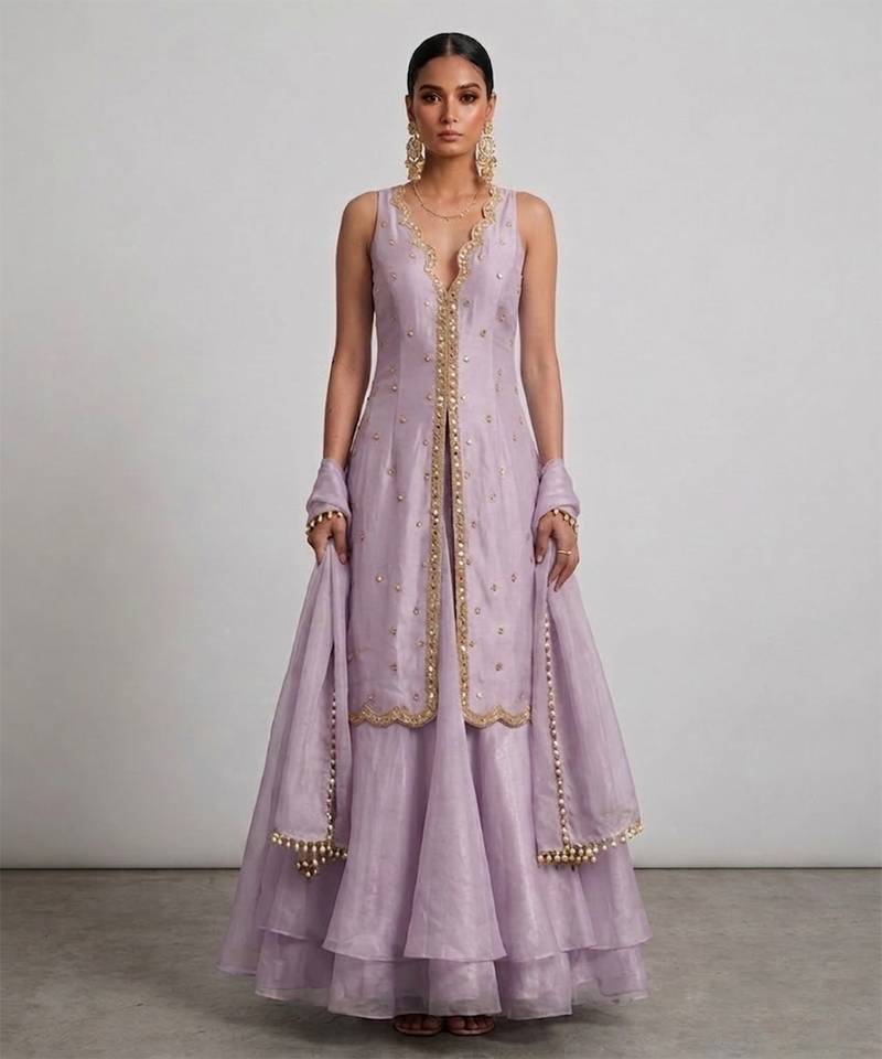 Lilac Embroidered Organza Lehenga Set