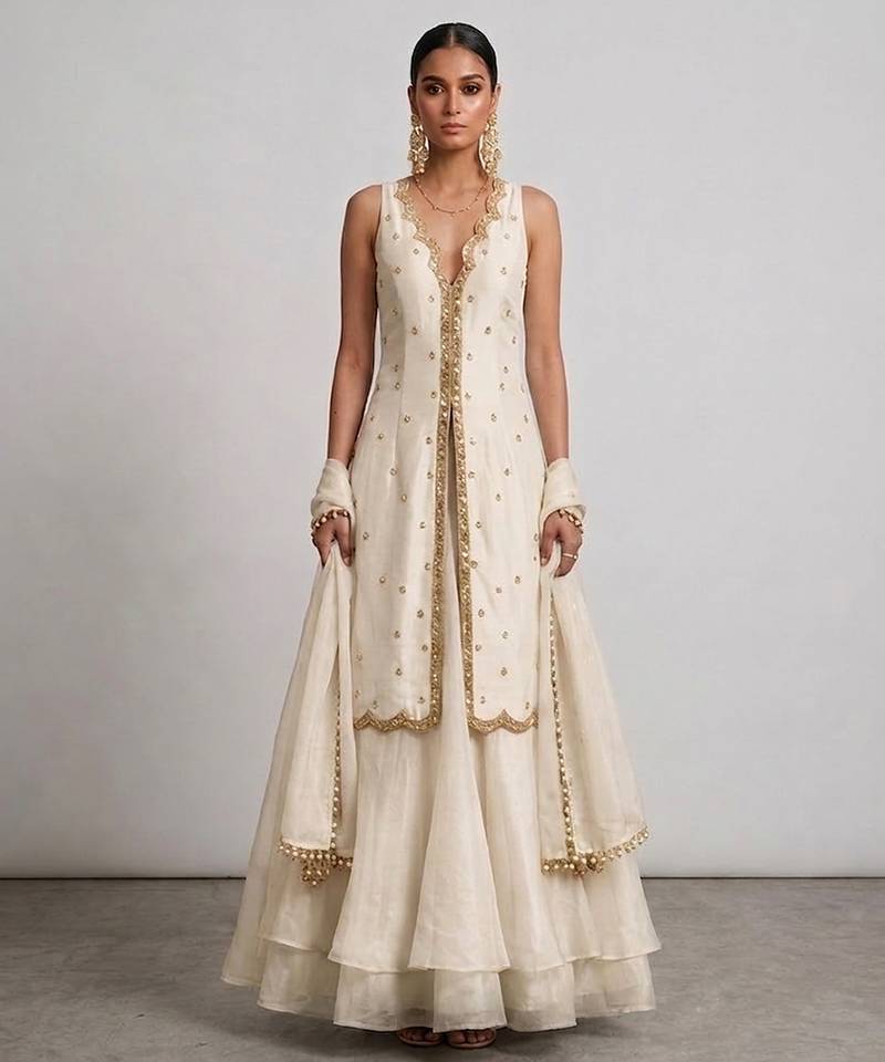 Ivory Embroidered Organza Lehenga Set