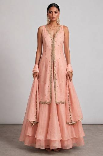 Peach Embroidered Organza Lehenga Set