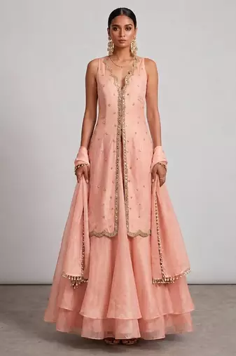 Peach Embroidered Organza Lehenga Set