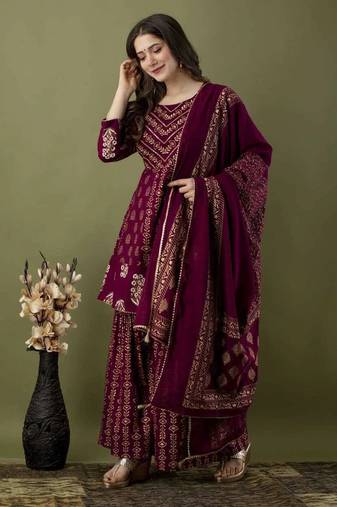 Ethnic Motifs Printed Gotta Patti A-Line Kurti & Sharara With Dupatta