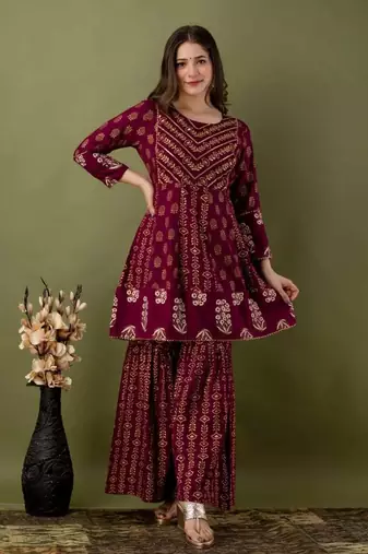 Ethnic Motifs Printed Gotta Patti A-Line Kurti & Sharara With Dupatta