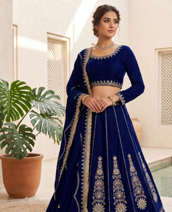 Royal blue embroidered lehenga choli set with dupatta for women