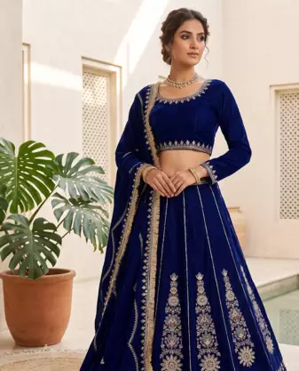 Royal blue embroidered lehenga choli set with dupatta for women