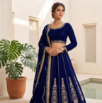 Royal blue embroidered lehenga choli set with dupatta for women