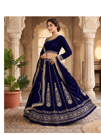 Royal blue embroidered lehenga choli set with dupatta for women 2