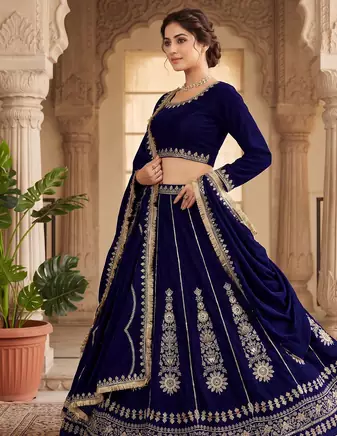Royal blue embroidered lehenga choli set with dupatta for women