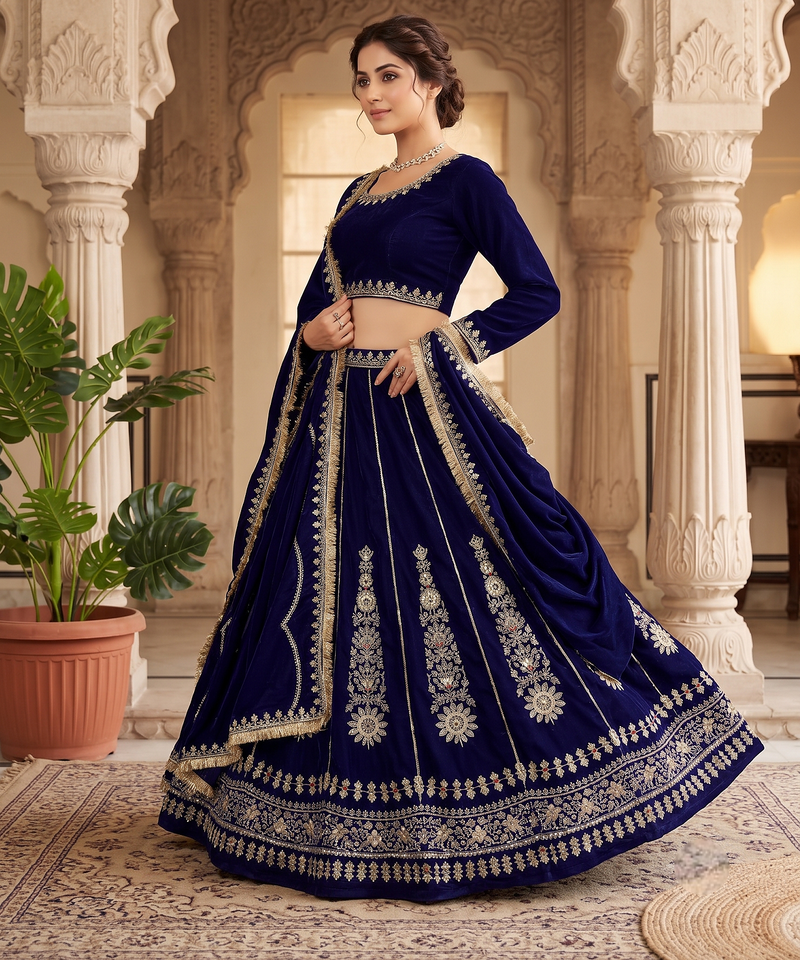 Royal blue embroidered lehenga choli set with dupatta for women