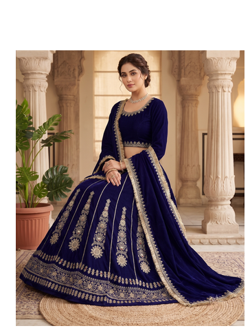Royal blue embroidered lehenga choli set with dupatta for women 3
