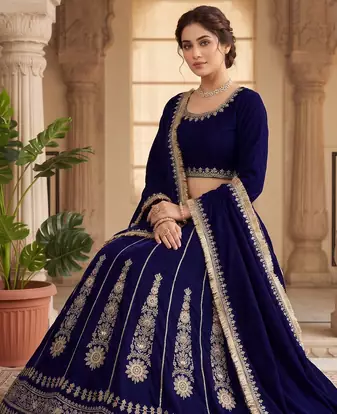Royal blue embroidered lehenga choli set with dupatta for women