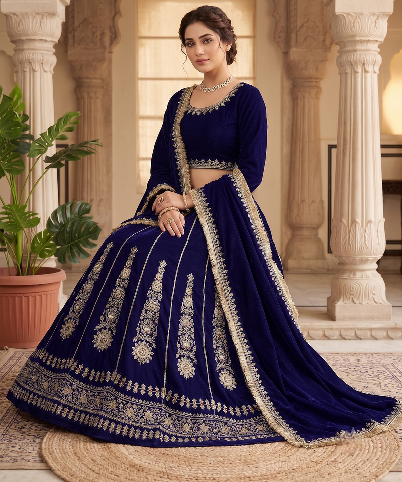 Royal blue embroidered lehenga choli set with dupatta for women