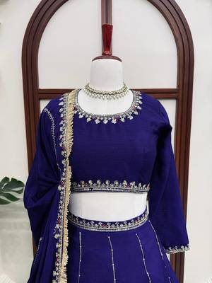 Royal blue embroidered lehenga choli set with dupatta for women 5