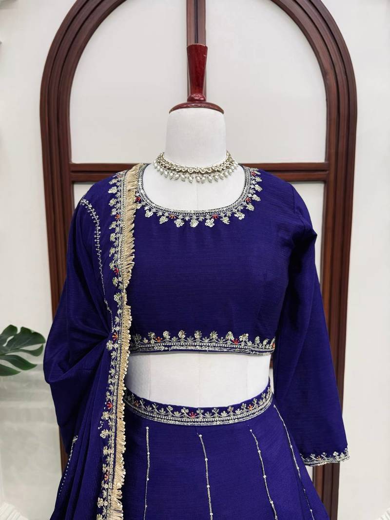 Royal blue embroidered lehenga choli set with dupatta for women