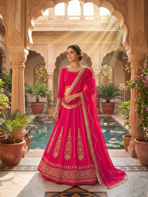 Rani pink embroidered lehenga choli set with dupatta for women 1