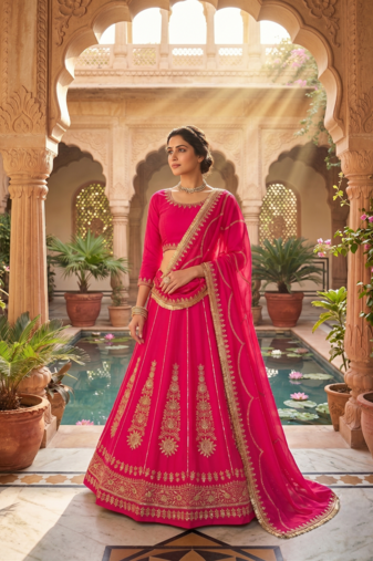 Rani pink embroidered lehenga choli set with dupatta for women