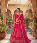 Rani pink embroidered lehenga choli set with dupatta for women