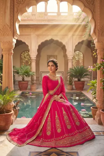 Rani pink embroidered lehenga choli set with dupatta for women