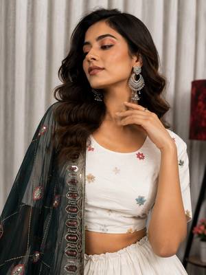White Embroidery and sequins Aari mirror Silk Blend Lahenga Choli Set 2