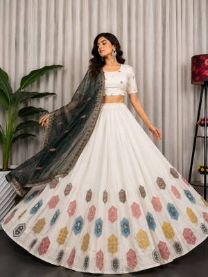 White Embroidery and sequins Aari mirror Silk Blend Lahenga Choli Set 1