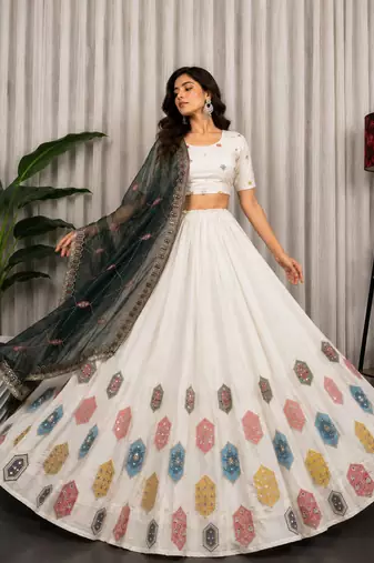 White Embroidery and sequins Aari mirror Silk Blend Lahenga Choli Set