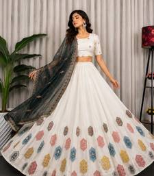 White Embroidery and sequins Aari mirror Silk Blend Lahenga Choli Set