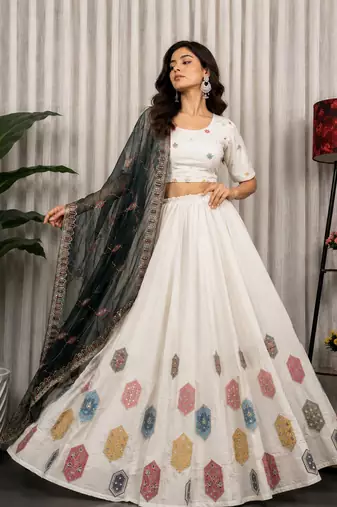 White Embroidery and sequins Aari mirror Silk Blend Lahenga Choli Set