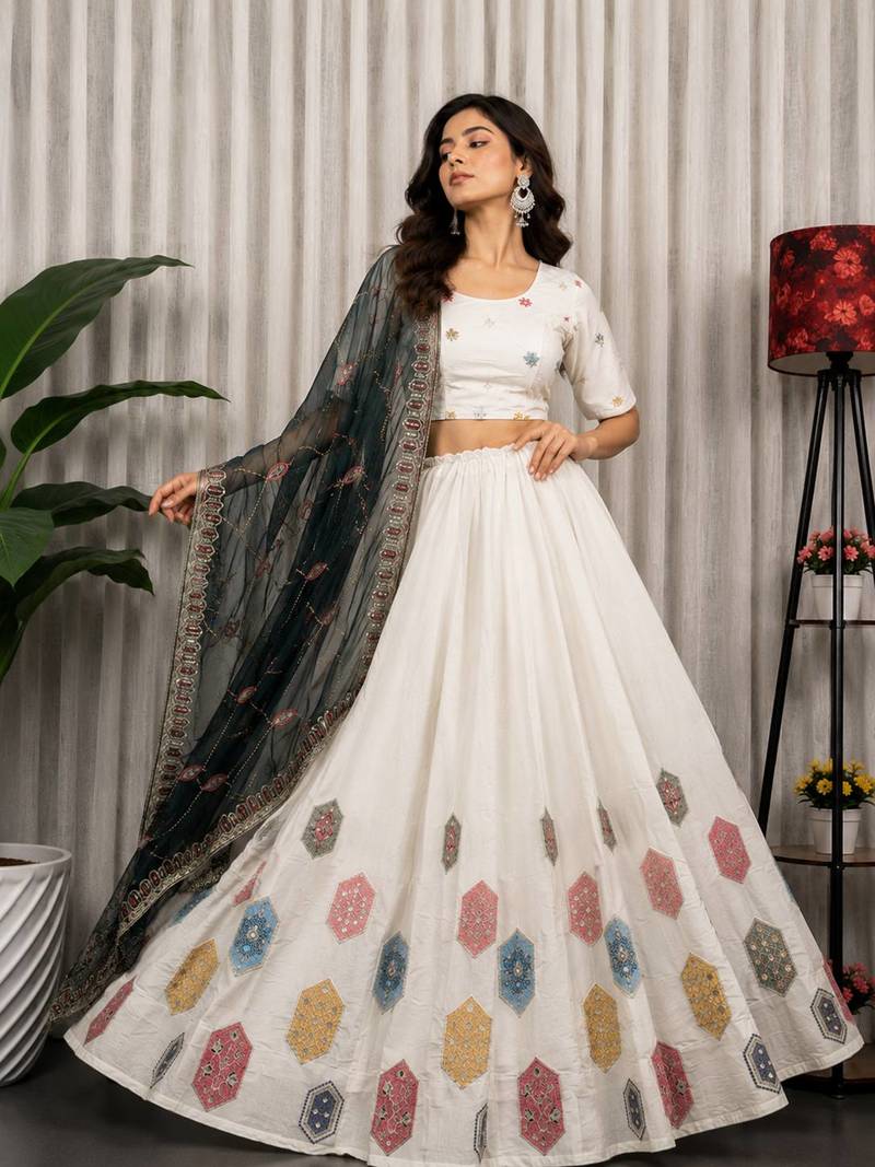 White Embroidery and sequins Aari mirror Silk Blend Lahenga Choli Set