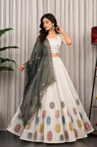 White Embroidery and sequins Aari mirror Silk Blend Lahenga Choli Set
