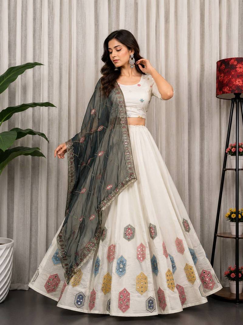 White Embroidery and sequins Aari mirror Silk Blend Lahenga Choli Set