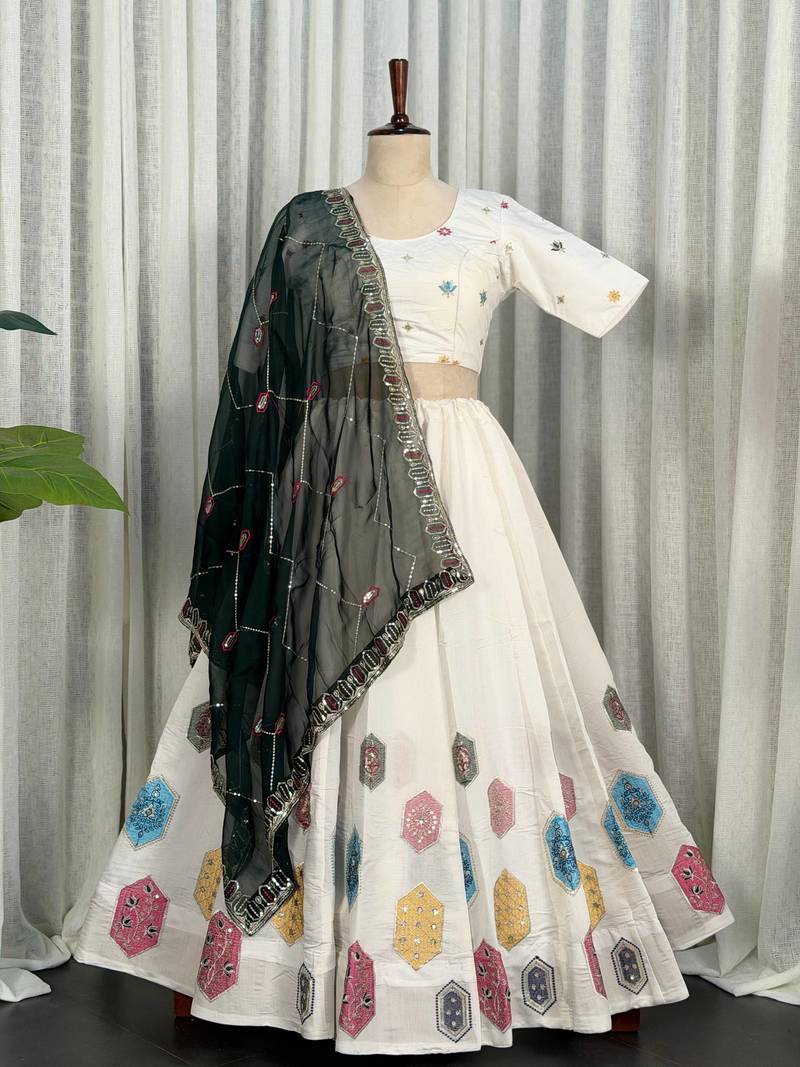 White Embroidery and sequins Aari mirror Silk Blend Lahenga Choli Set