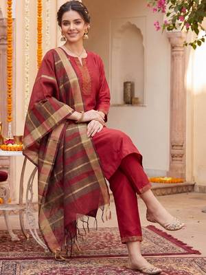 Women Ethnic Motifs Regular Thread Work Kurta with Trousers & With Dupatta 1