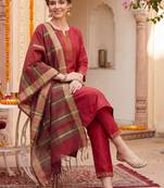 Women Ethnic Motifs Regular Thread Work Kurta with Trousers & With Dupatta