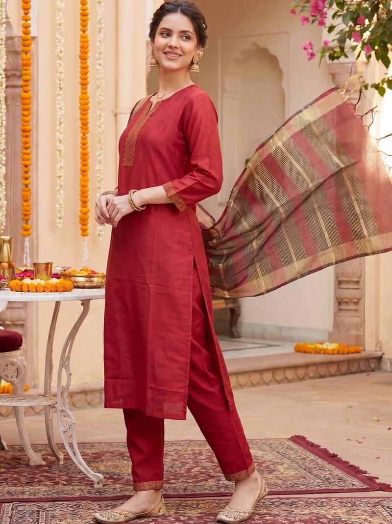 Women Ethnic Motifs Regular Thread Work Kurta with Trousers & With Dupatta