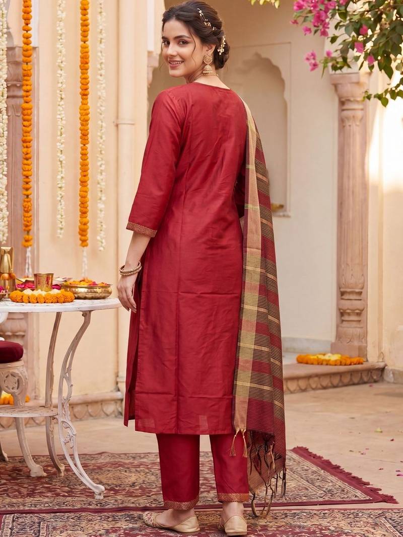 Women Ethnic Motifs Regular Thread Work Kurta with Trousers & With Dupatta